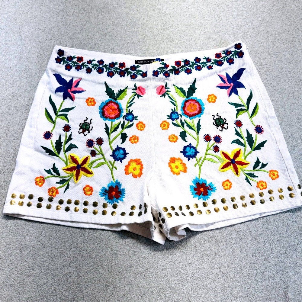 Boston Proper Embroidered Floral Beaded White Shorts Boho Festival Sz 12 Coast